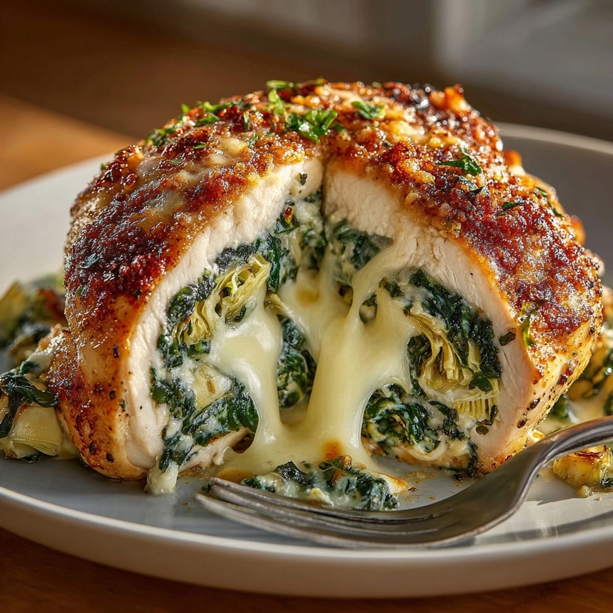 Creamy Cheesy Spinach & Artichoke Stuffed Chicken: golden baked chicken breasts, ready for dinner.