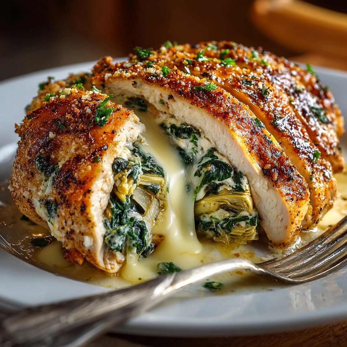 Close-up of a juicy Cheesy Spinach & Artichoke Stuffed Chicken, oozing with warmth.
