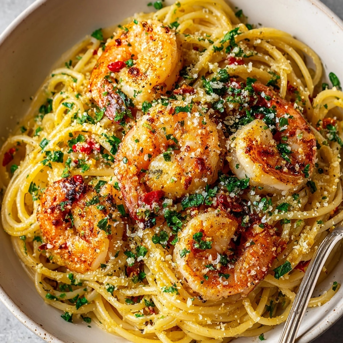 Quick 15-minute Garlic Butter Shrimp Pasta, glistening shells topped with succulent pink shrimp.