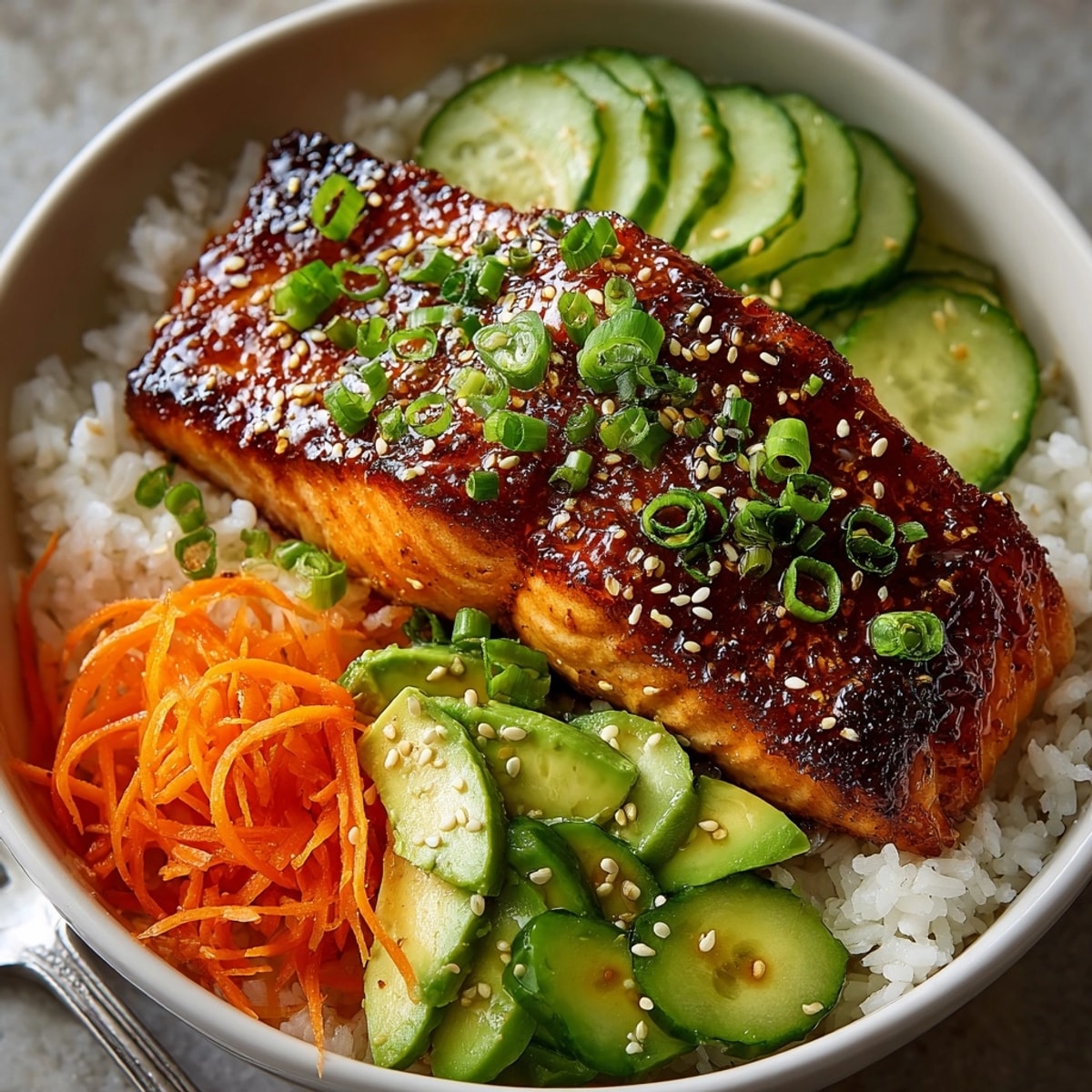 Honey Sriracha Glazed Salmon Bowls: Flaky salmon glistening over rice, ready for a quick weeknight dinner.