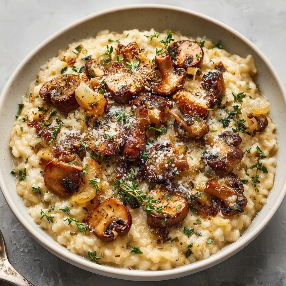Creamy Mushroom & Thyme Risotto shimmering; earthy aroma steaming from a comforting, savory dinner.