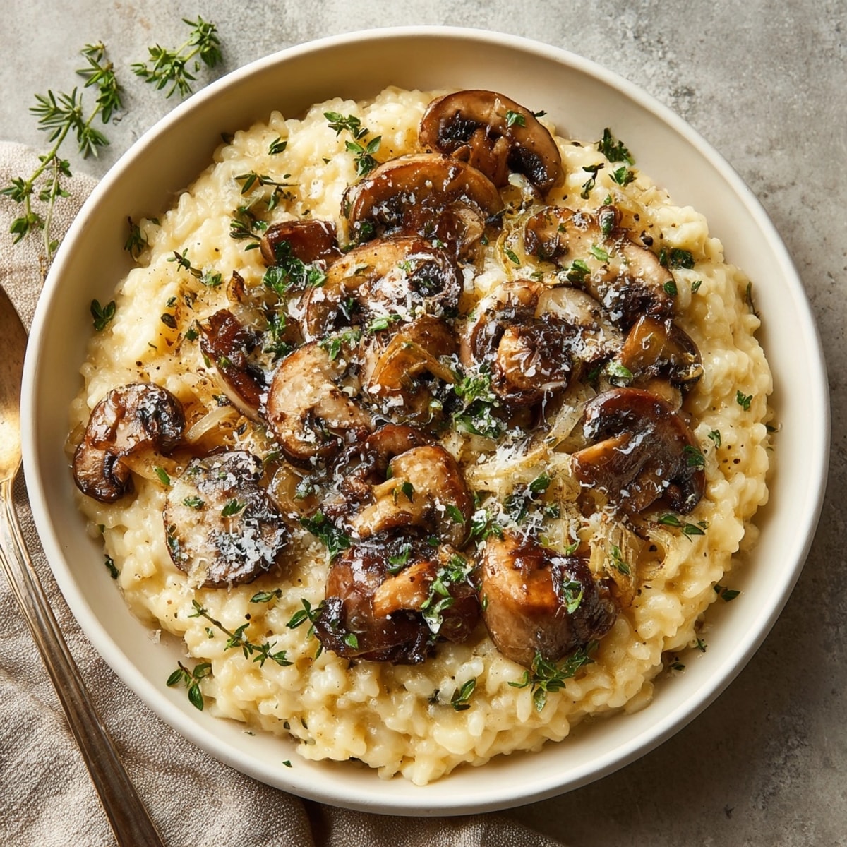Golden-brown Creamy Mushroom & Thyme Risotto: imagine tender rice, fragrant herbs, a cozy classic.