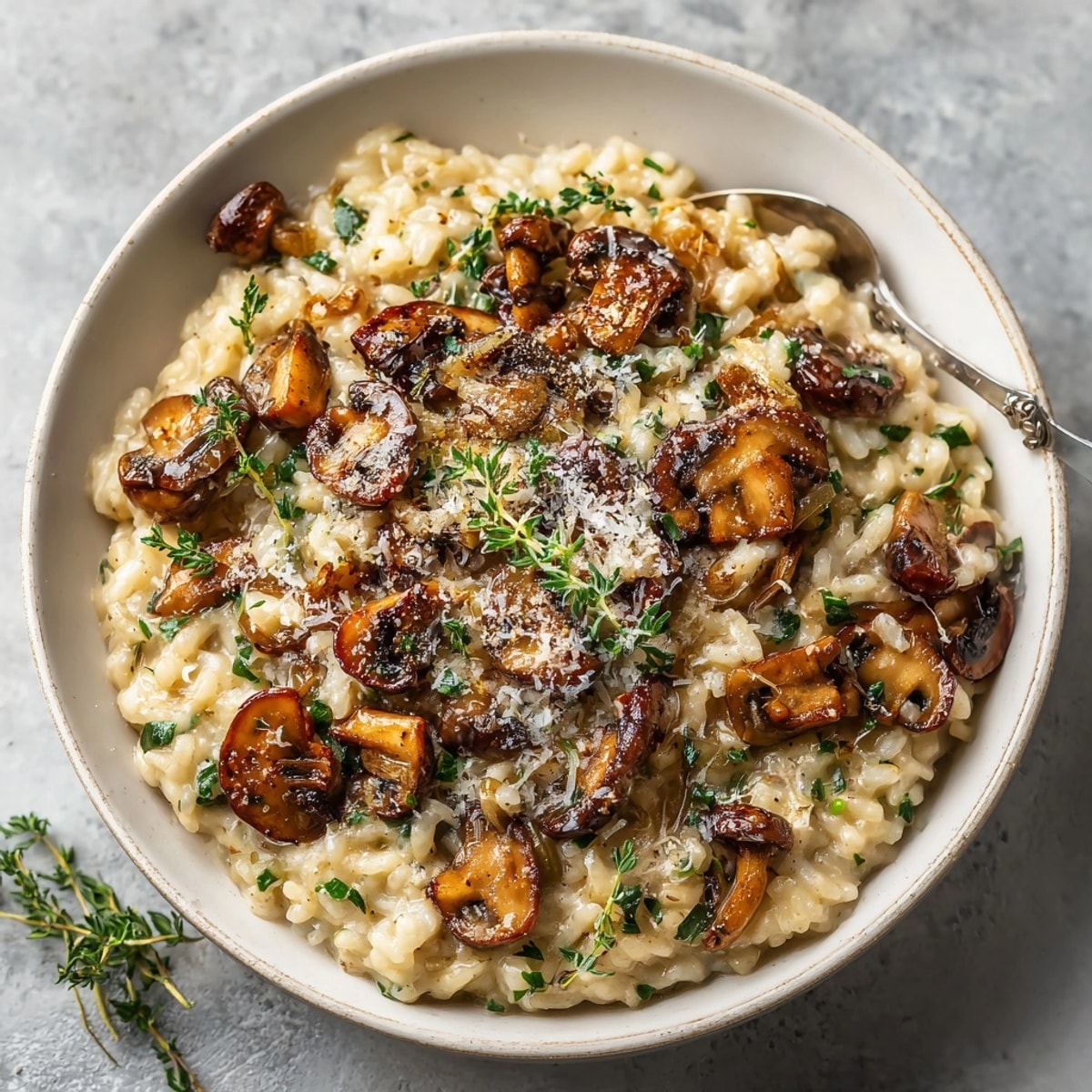 Close-up of delicious Creamy Mushroom & Thyme Risotto; savor its creamy, savory, unforgettable flavor.