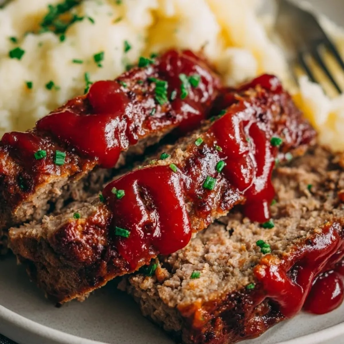 Juicy classic meatloaf recipe, browned and glazed, served over creamy mashed potatoes.