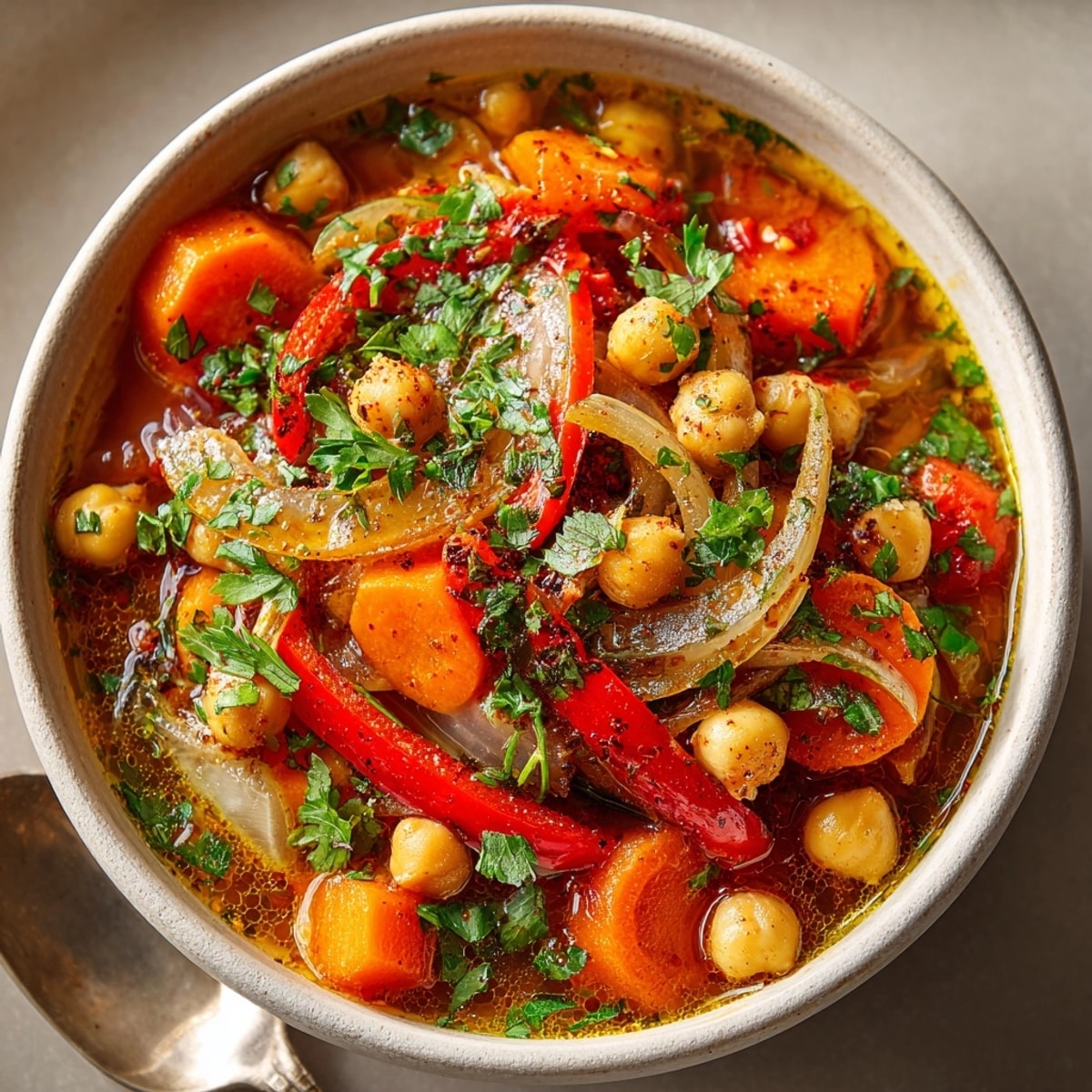 Close-up of vibrant Moroccan Chickpea Stew: Imagine a rich, savory, plant-based supper.