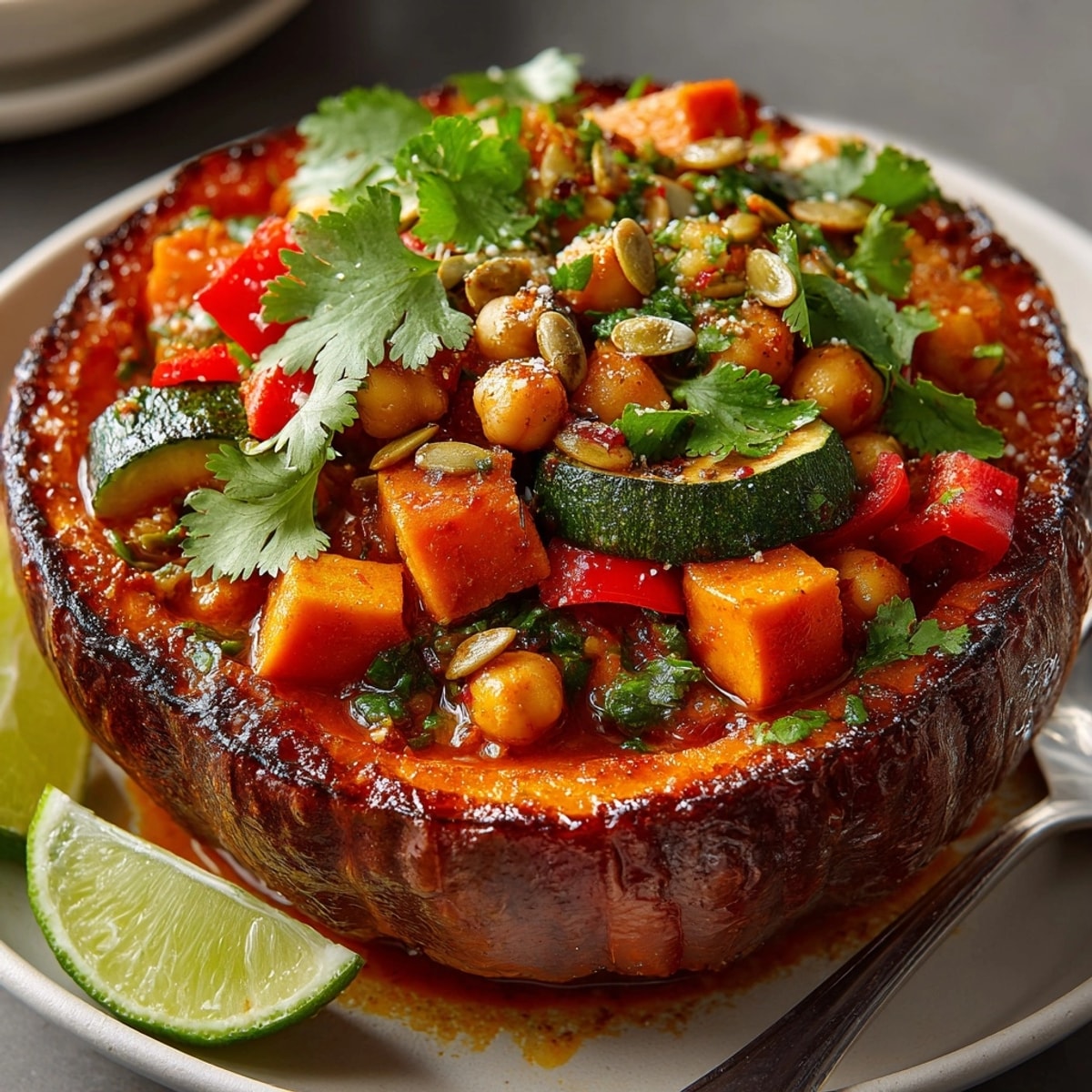 Golden Cauldron Curry simmers, pumpkin bowl steams; cilantro and pepitas sprinkle the top.