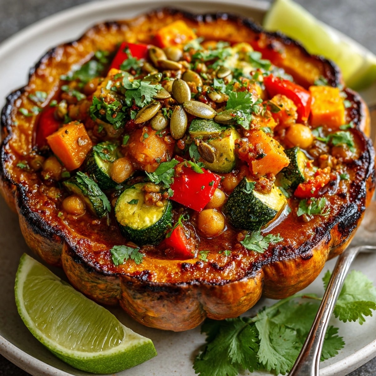 Aromatic Cauldron Curry in roasted pumpkin: comforting spices, tender veggies, ready to enjoy.