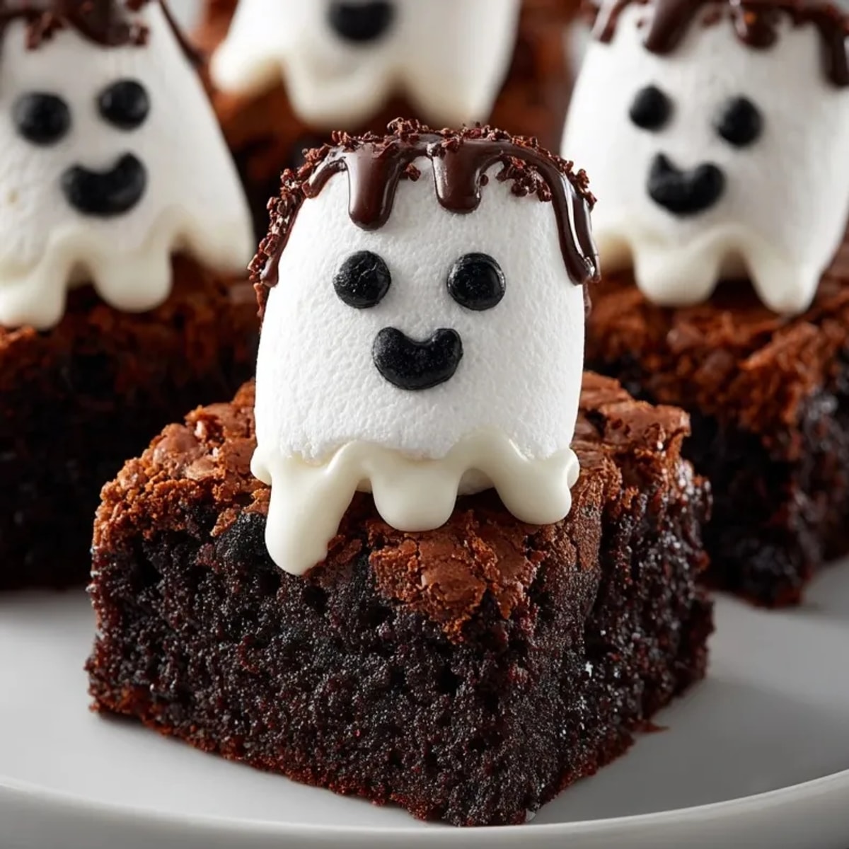 Fudgy Marshmallow Ghost Brownies, a spooky Halloween treat with sweet, melted white chocolate.