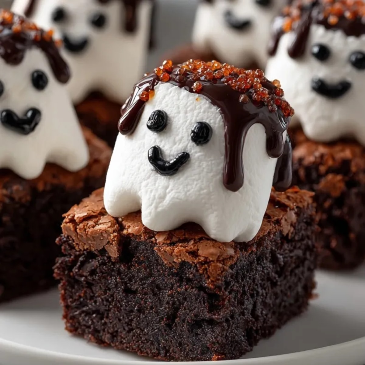 Homemade Marshmallow Ghost Brownies: Rich, dark, and decorated with ghostly white figures.