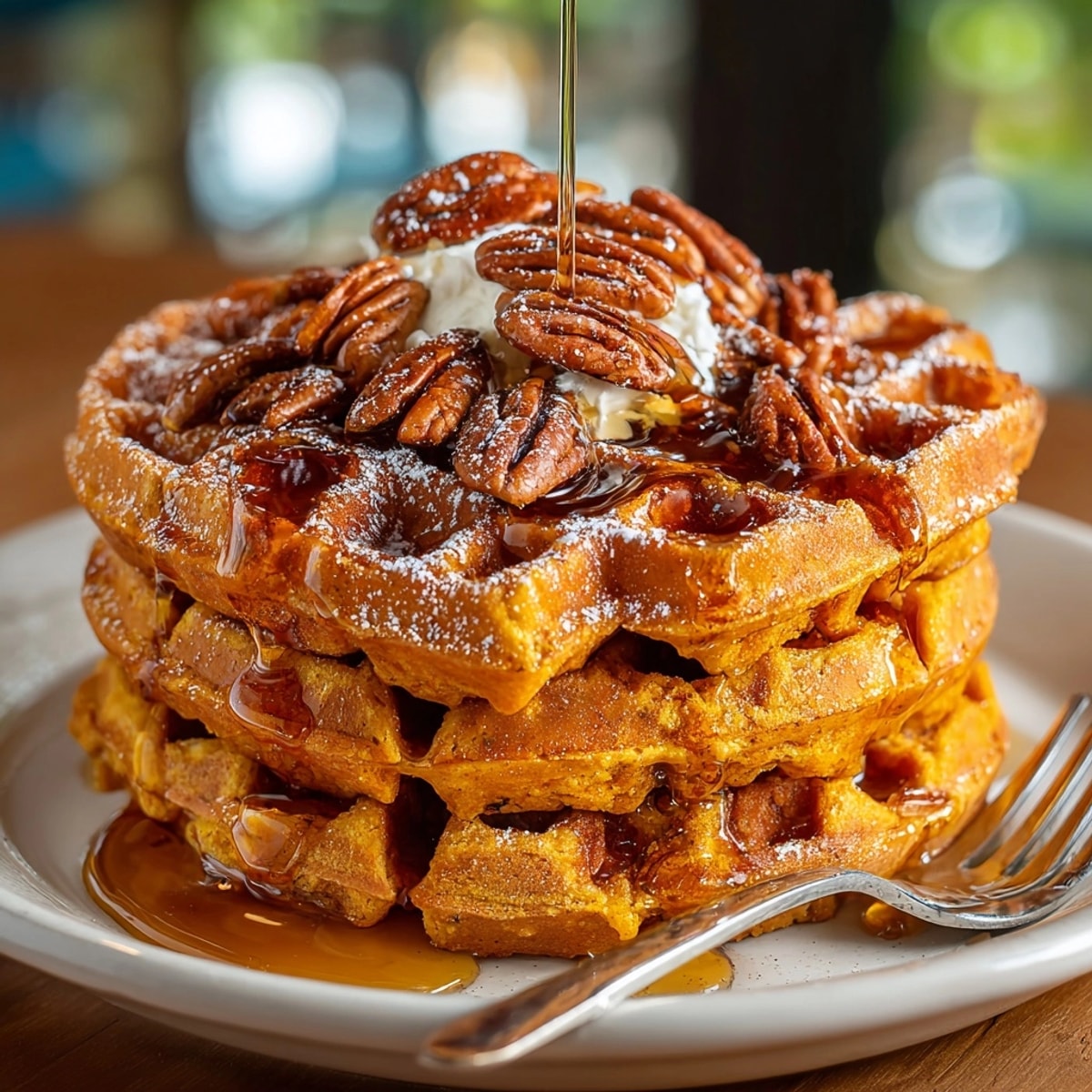 Golden Pumpkin Spice Waffles with Pecans, warm from the iron, topped with syrup.
