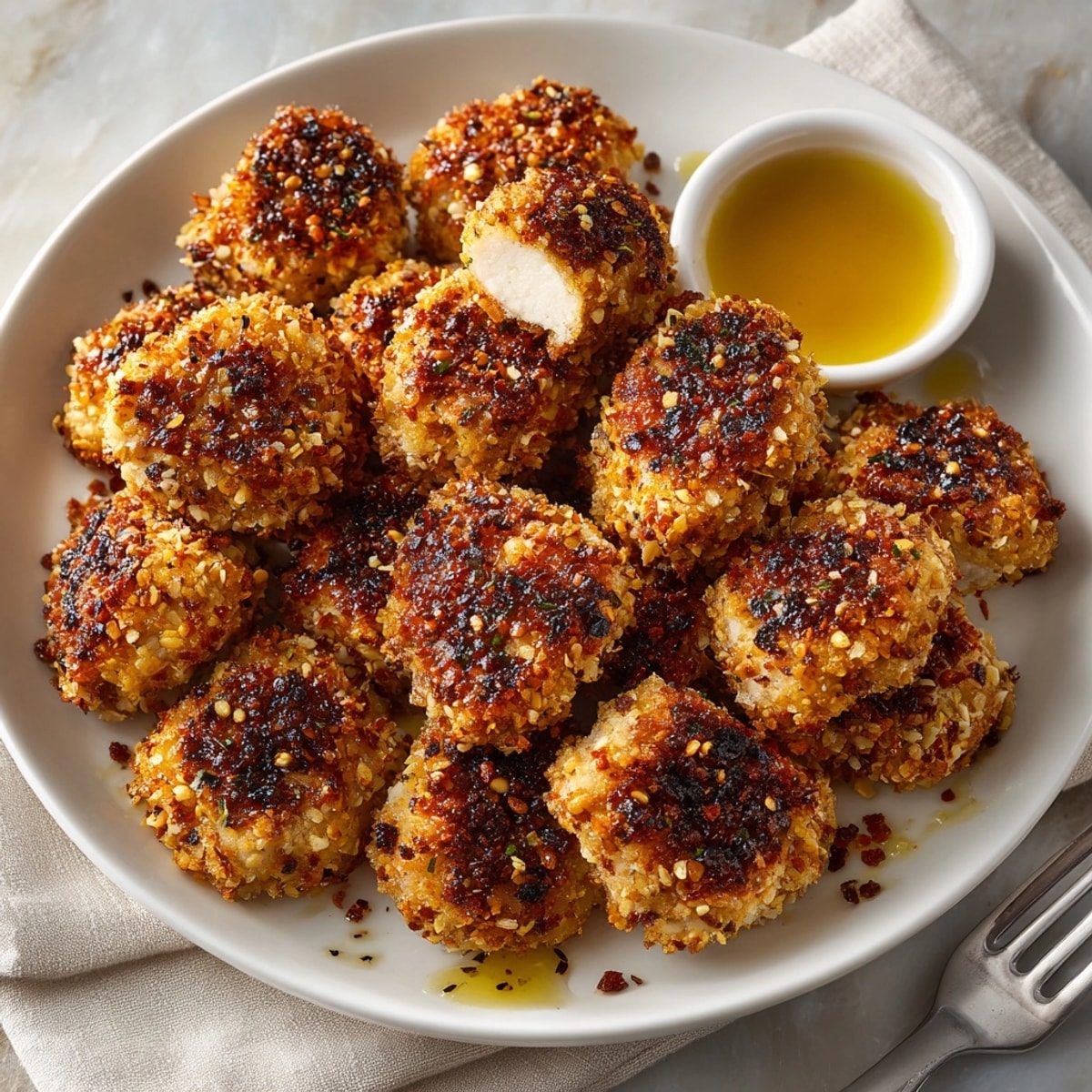 Close-up of crispy Pretzel-Crusted Chicken Bites: a savory, crunchy appetizer for sharing.