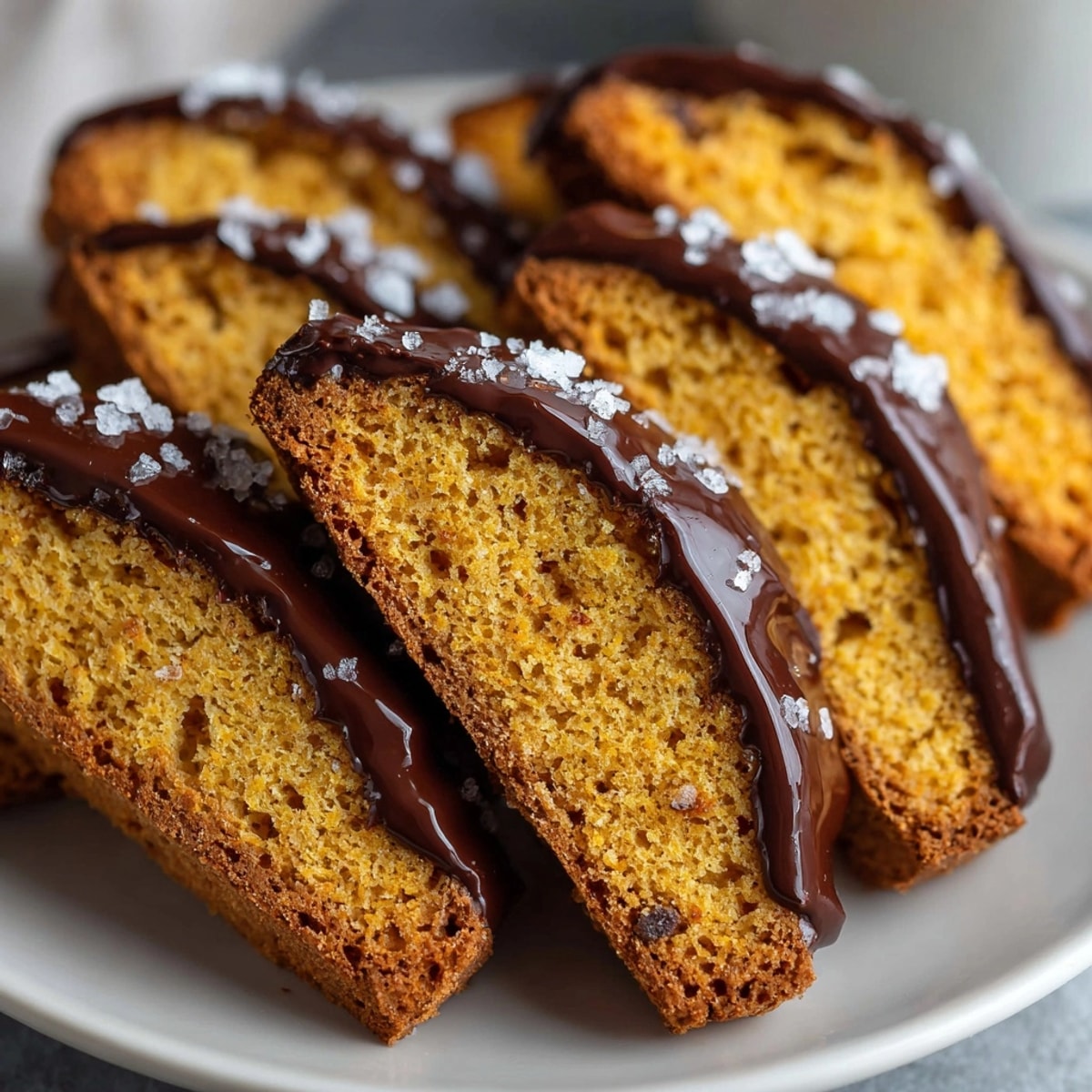 Golden Chocolate-Dipped Gingerbread Biscotti cooling on a wire rack, ready to enjoy with coffee.