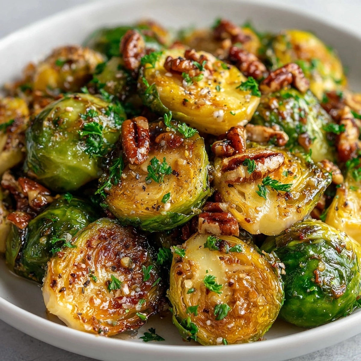 A sheet pan of savory Maple Dijon Roasted Brussels Sprouts, fresh out of the hot oven.