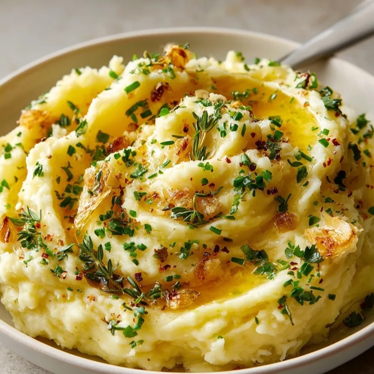 Golden Brown Butter Garlic & Herb Mashed Potatoes, garnished with fresh herbs, steaming hot.