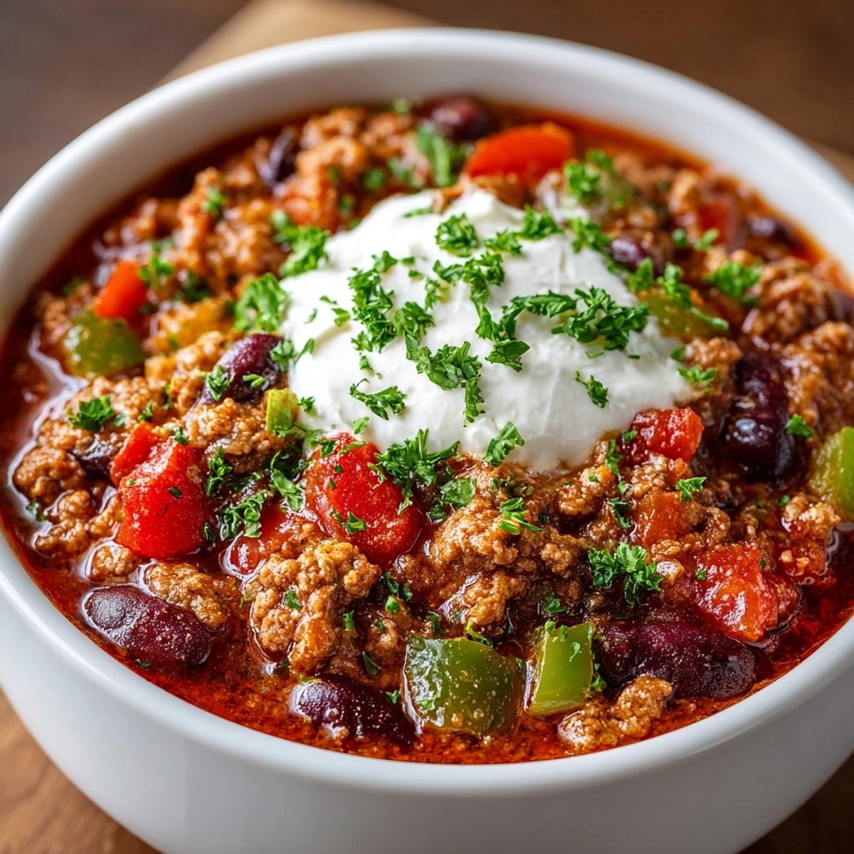 Close-up of Bloody Mary Chili, garnished with fresh parsley and a tangy lemon wedge.