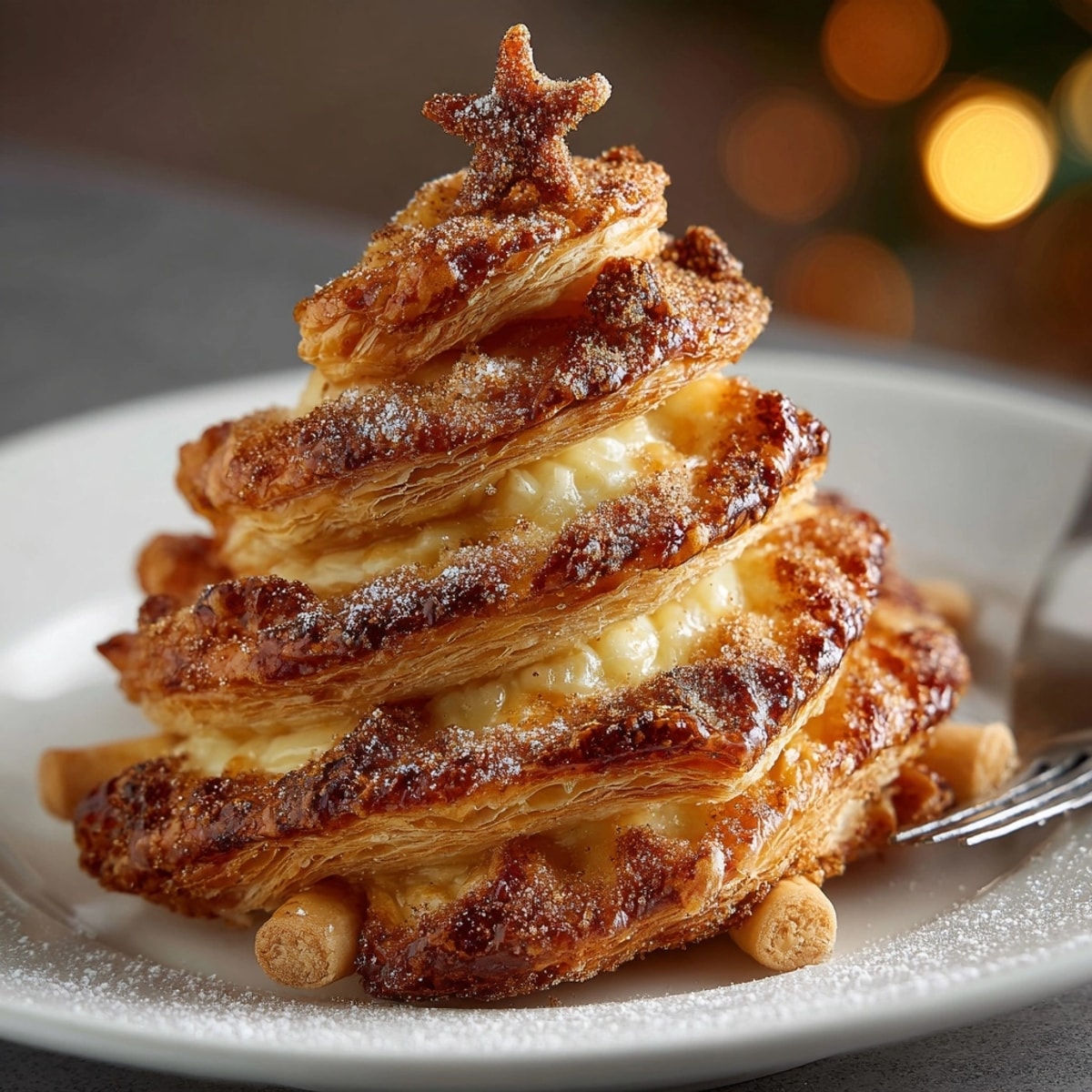 Golden Puff Pastry Christmas Trees, warm from the oven, dusted with sweet icing.