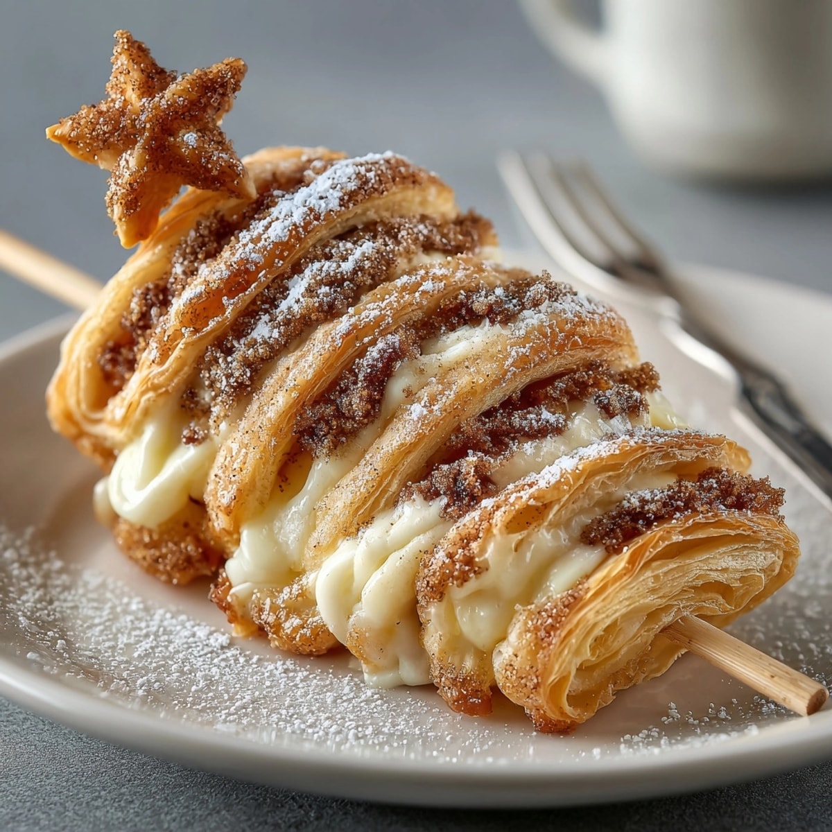 Zig-zagged Puff Pastry Christmas Trees brushed with egg, baking until golden and crisp.