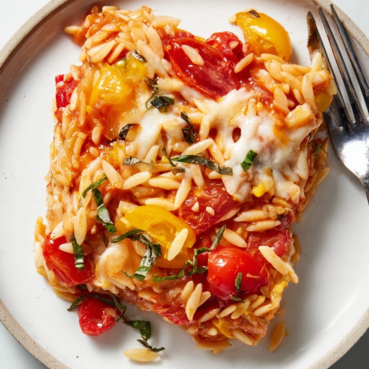 Close-up of bubbly Tomato Basil Baked Orzo, ready to eat, garnished with basil.