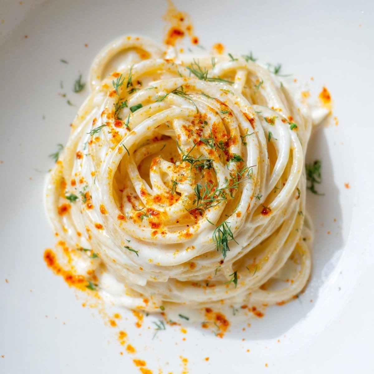 Plate of Turkish Yogurt Pasta, bright paprika butter glistening over a bed of herbed yogurt.