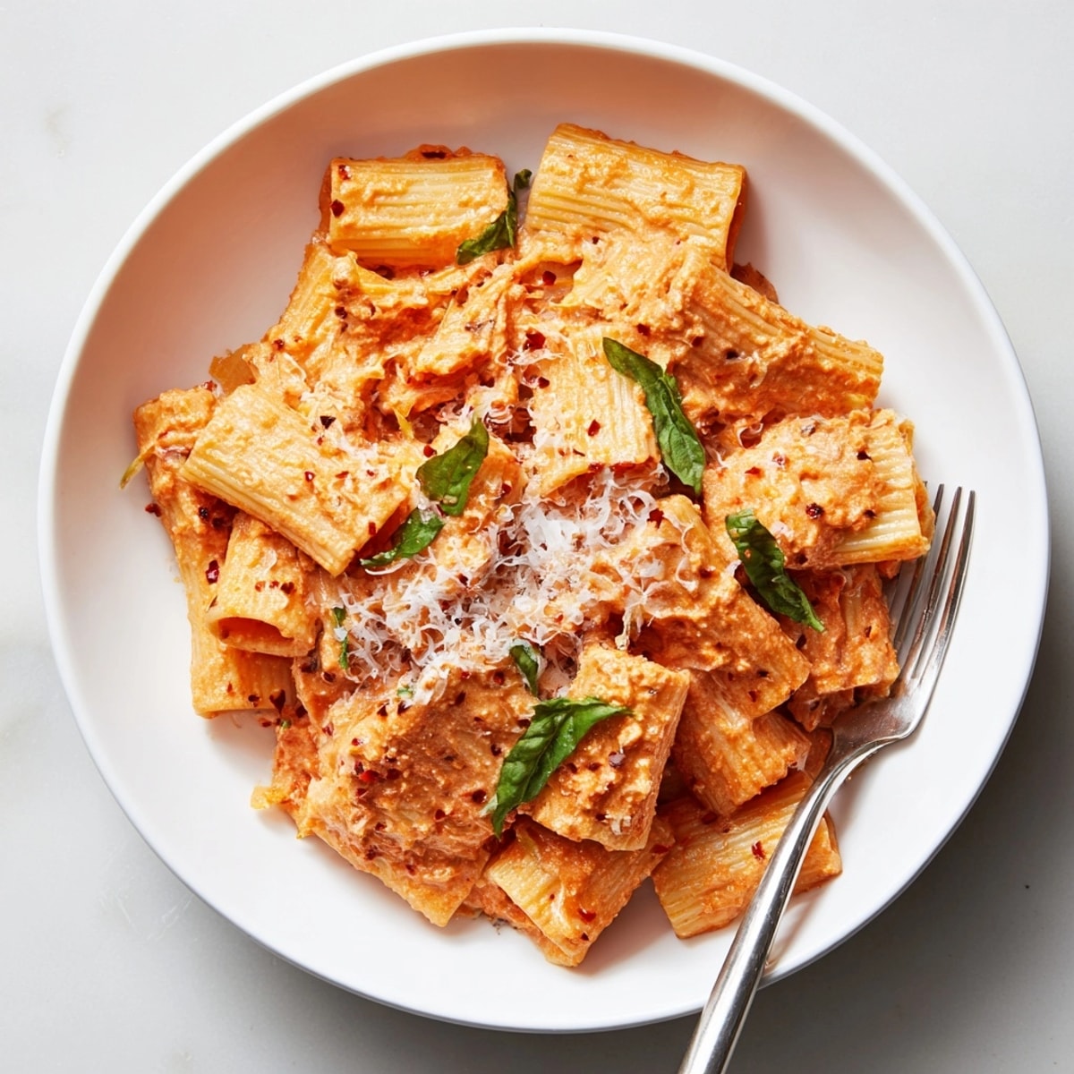 Creamy Spicy Vodka Pasta Express: A bowl of vibrant sauce-coated pasta, garnished with fresh basil.