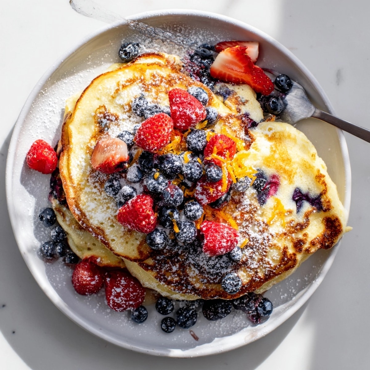 Golden Ricotta Berry Orange Pancakes, stacked high and dusted with powdered sugar, gleaming.