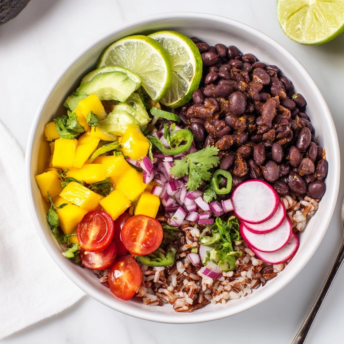 Delicious, homemade Mango Salsa Black Bean Bowls, bursting with tropical sweetness and savory spiced beans.