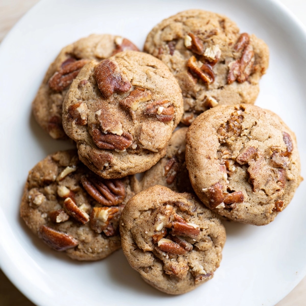 Golden Cinnamon Date Pecan Cookies, fresh-baked and aromatic, cooling on a wire rack.