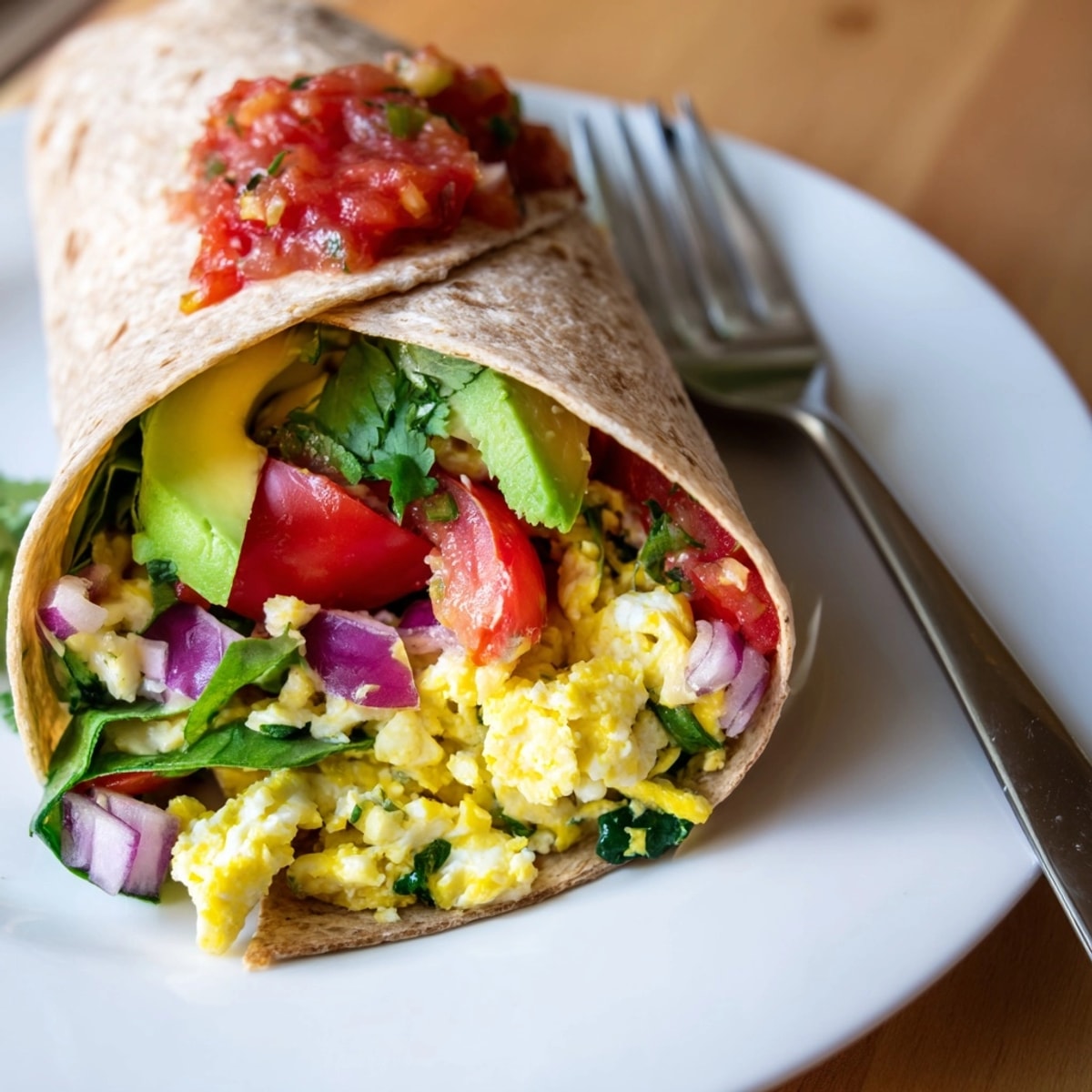 Homemade Avocado Egg White Burrito: Healthy ingredients scrambled together for a simple, satisfying breakfast.