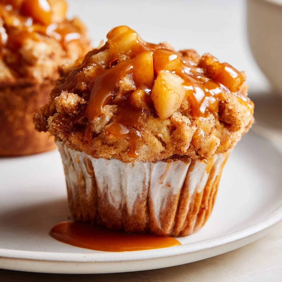 Moist caramel apple fritter muffin cups drizzled with warm caramel sauce.
