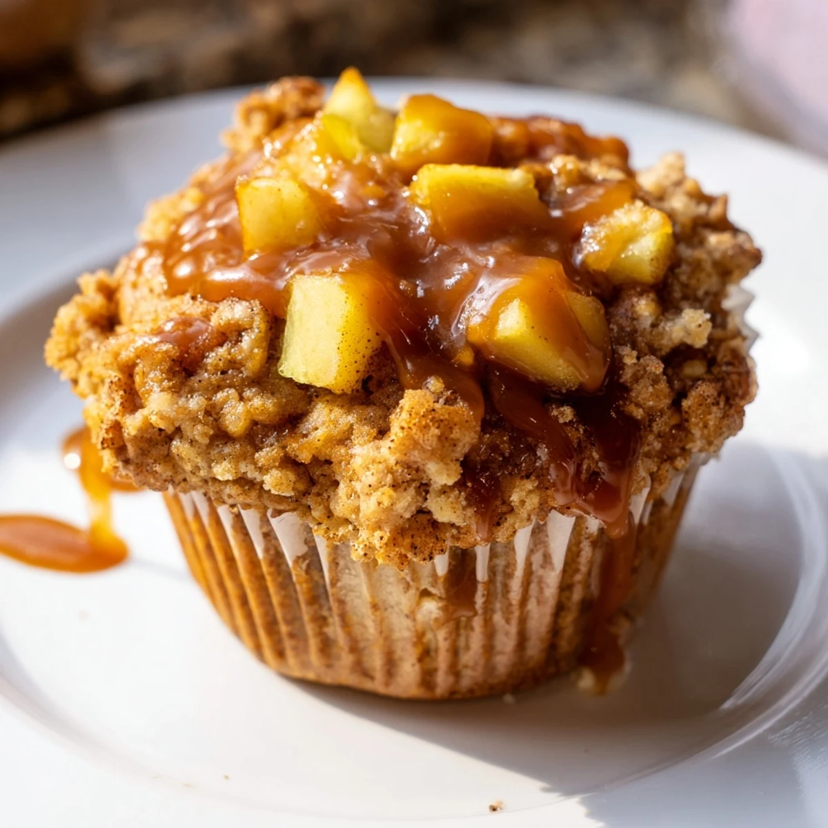 Golden muffin cups bursting with apple flavors and topped with rich caramel drizzle.