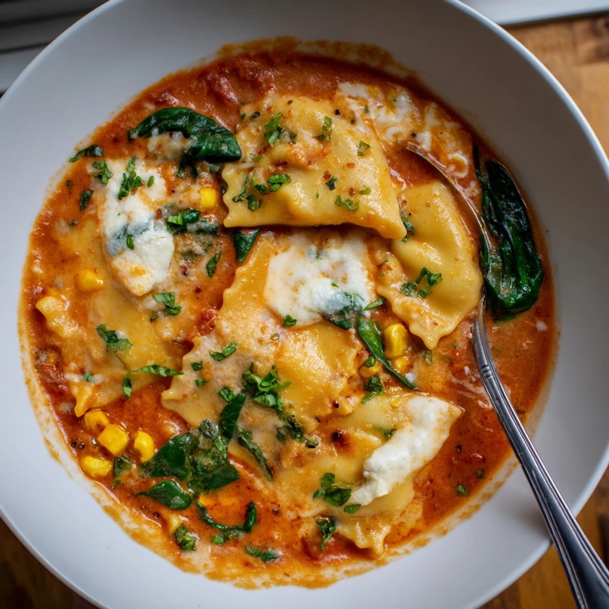 A fragrant bowl of Lasagne Soup with Sweet Corn Masala, garnished with fresh herbs.