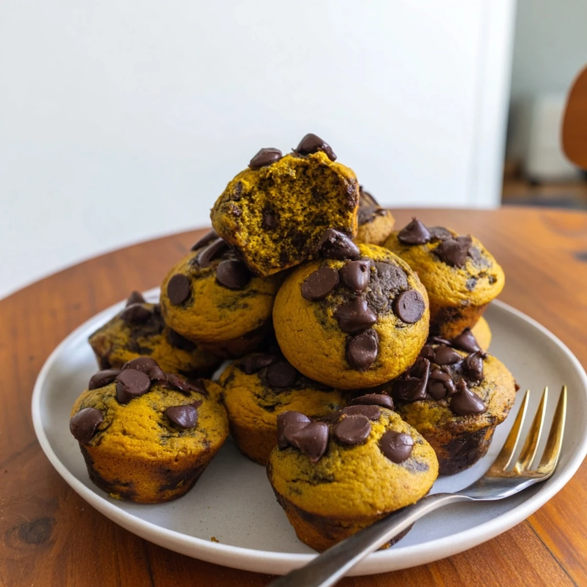 Moist matcha pumpkin chocolate muffin bites topped with melted chocolate chips.