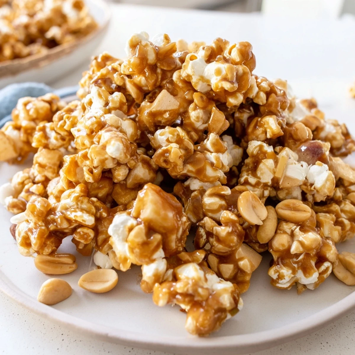 Vibrant popcorn mixed with apple chips and peanuts in sweet caramel sauce.