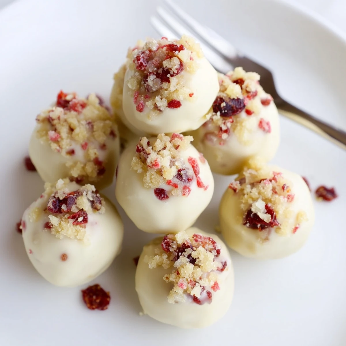 Decadent Ginger Cranberry Muffin Truffles coated in white chocolate for a festive treat.