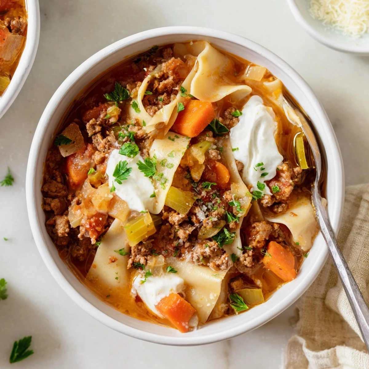 Hearty gluten-free lasagne soup bursting with flavors, garnished with fresh parsley.