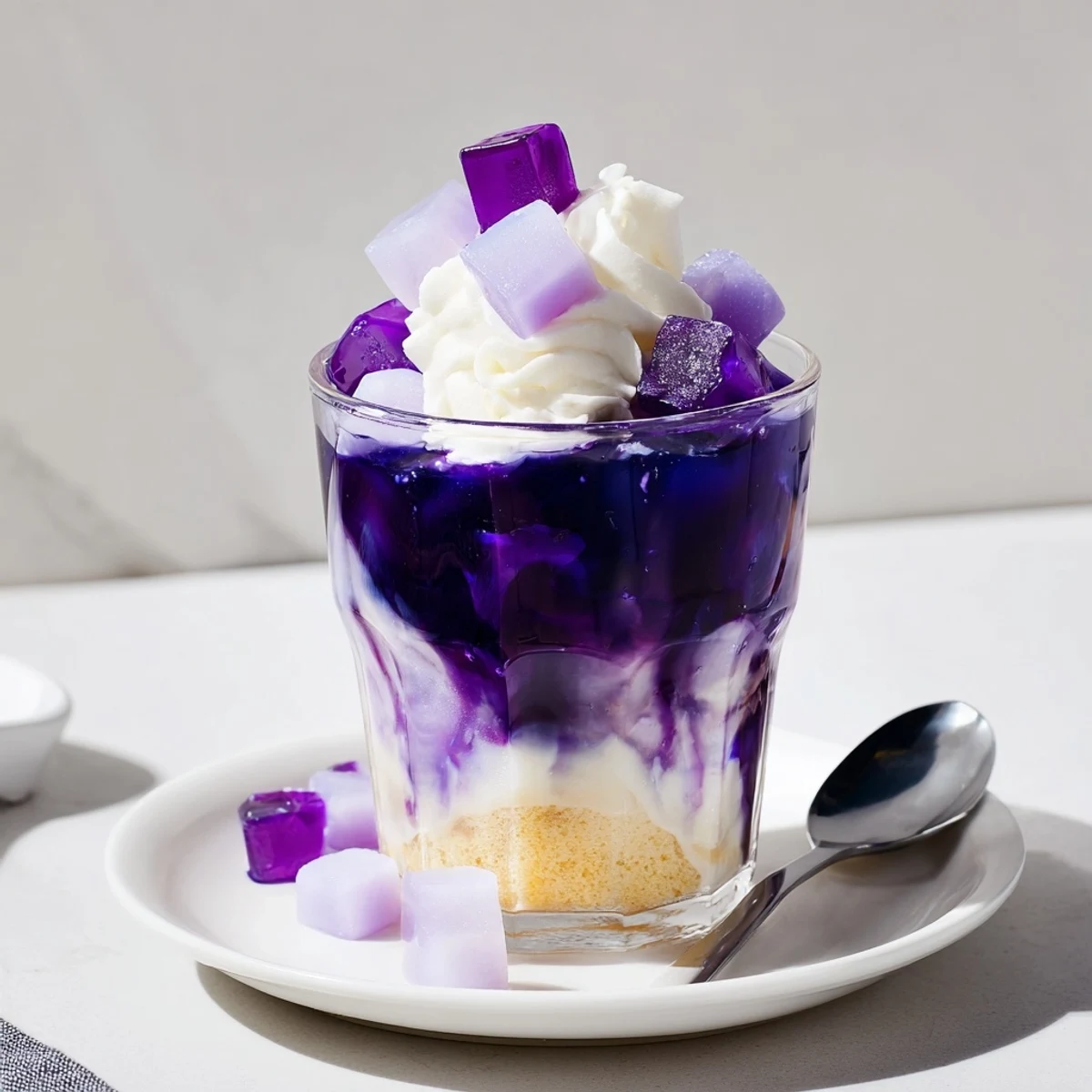 Vibrant ube milk jelly trifles layered with creamy textures and sweet sponge cake.
