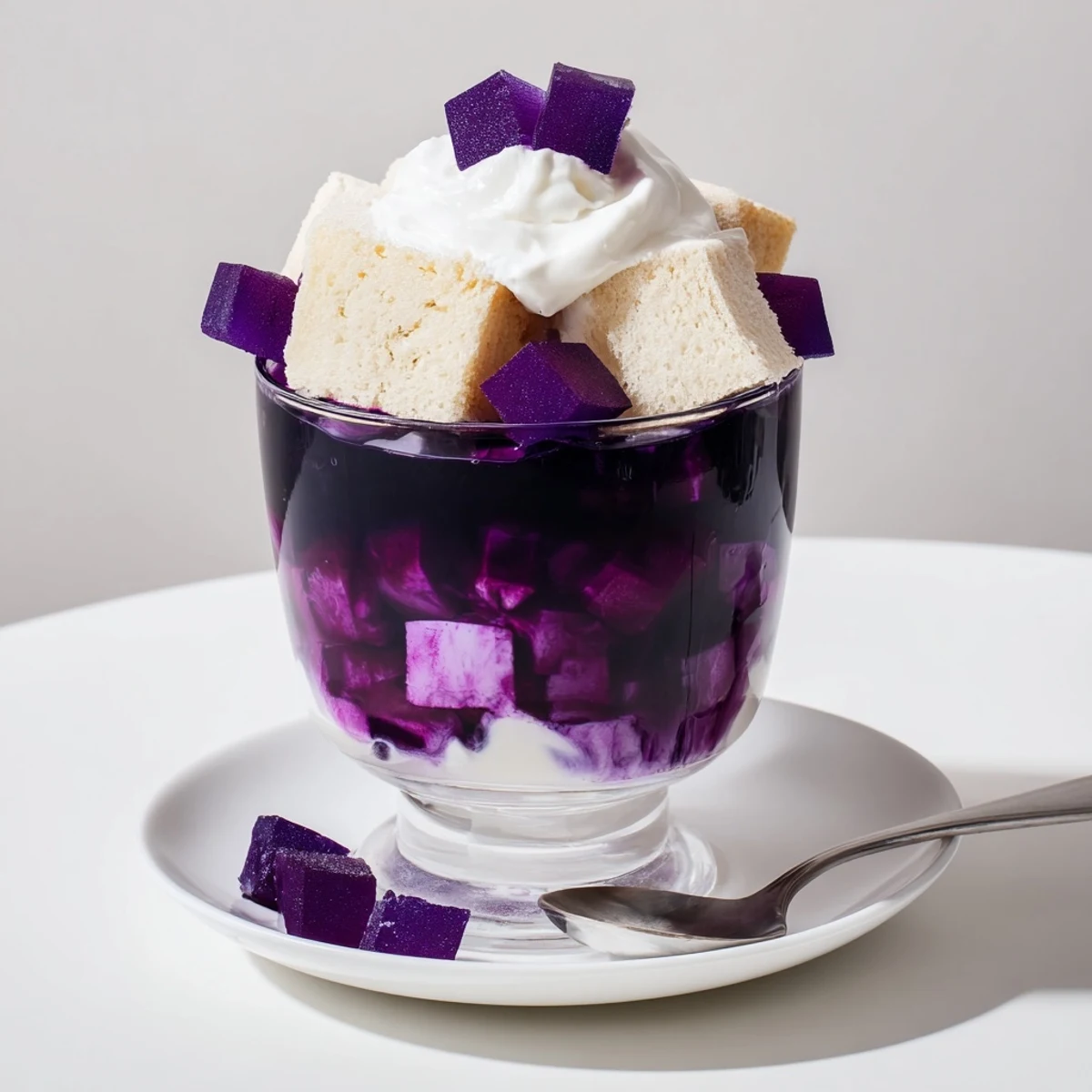 Eye-catching ube milk jelly trifles showcase layers of purple yam and smooth jelly.