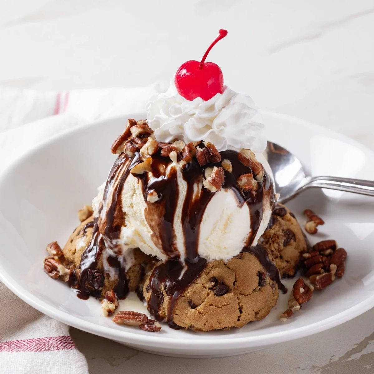 Layered Cookie Dough Chaos Bar Sundae topped with whipped cream and maraschino cherries.  