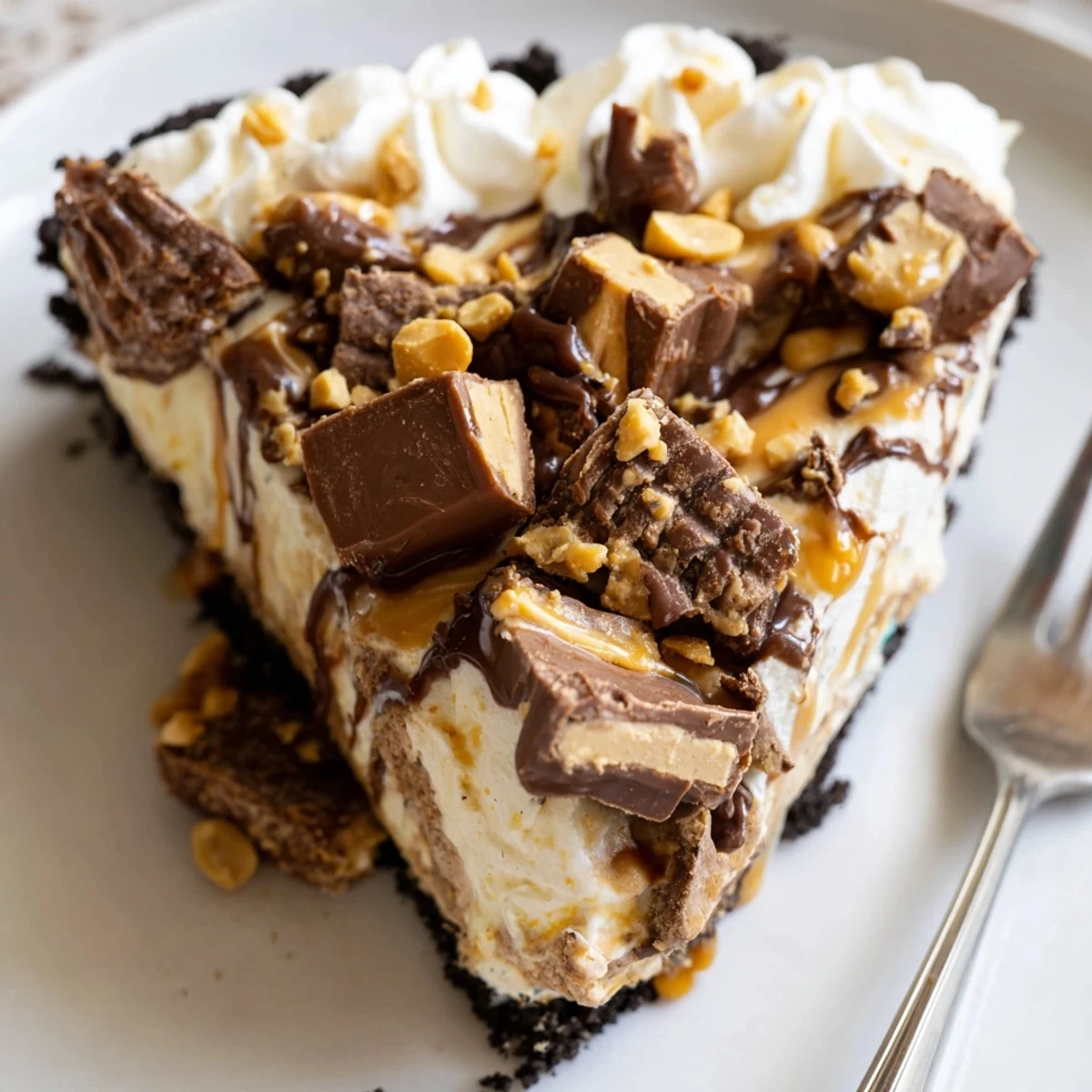 Decadent Snickers Soda Float Pie topped with creamy layers, caramel, and chocolate drizzle.  