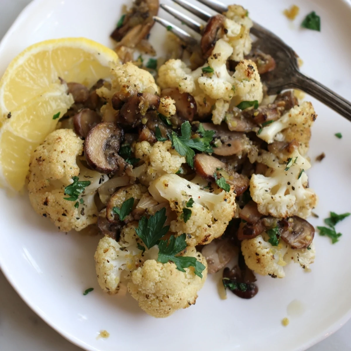 Delicious garlic cauliflower mushroom skillet served warm, garnished with lemon and Parmesan.