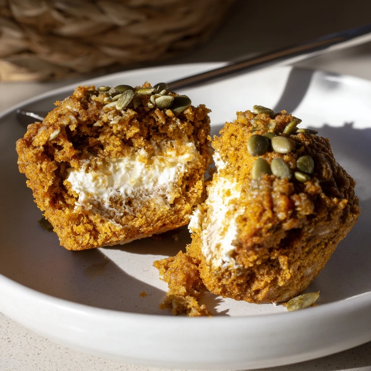 Moist pumpkin cream cheese muffins with warm spices, perfect for autumn mornings.