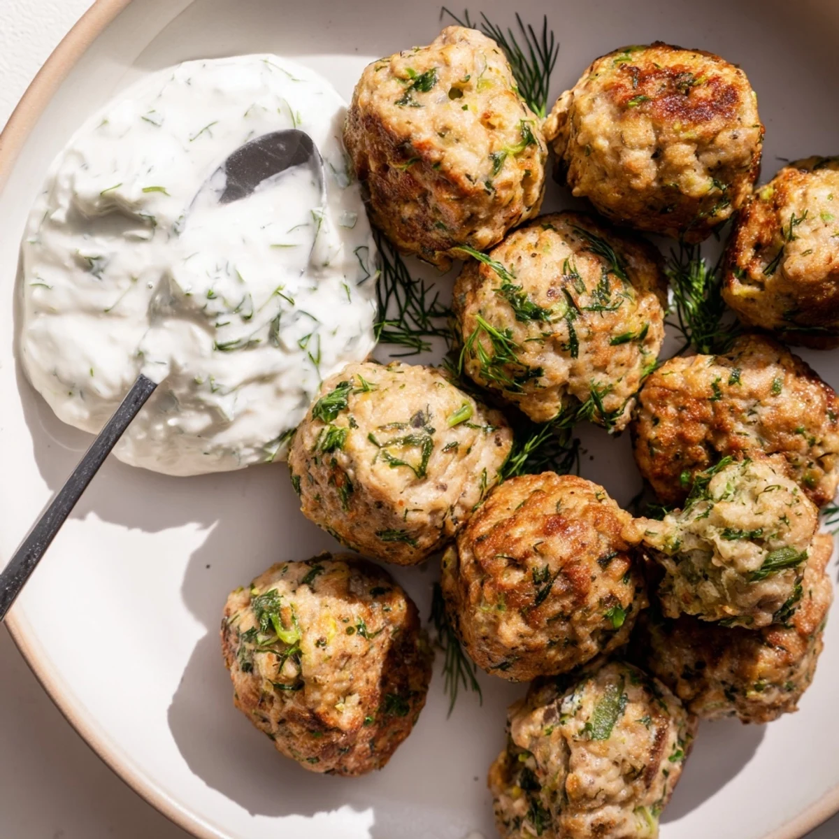 Juicy Greek Chicken Meatballs with zesty lemon, served with creamy yogurt sauce.  