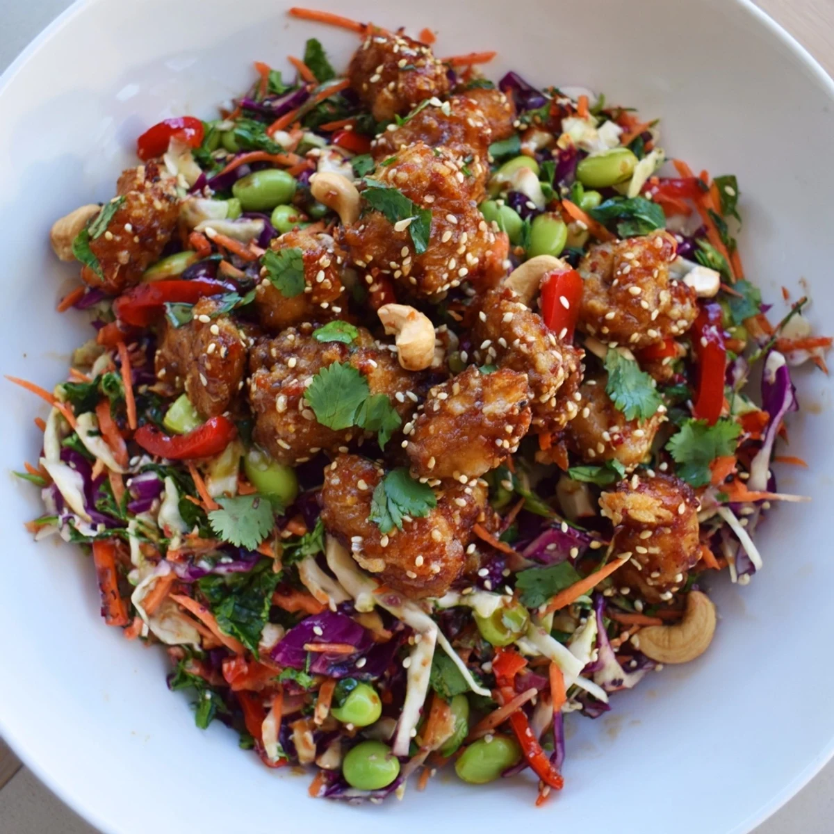 Sesame chicken cabbage crunch salad with vibrant veggies and tangy dressing, ideal for lunch.  