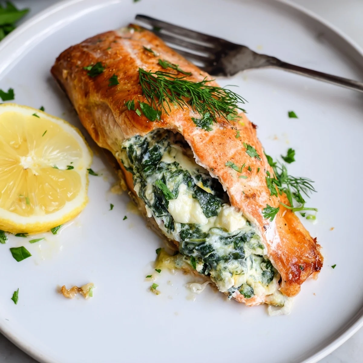 Mouthwatering Easy Spinach Stuffed Salmon browned and baked to flaky perfection on a plate.  