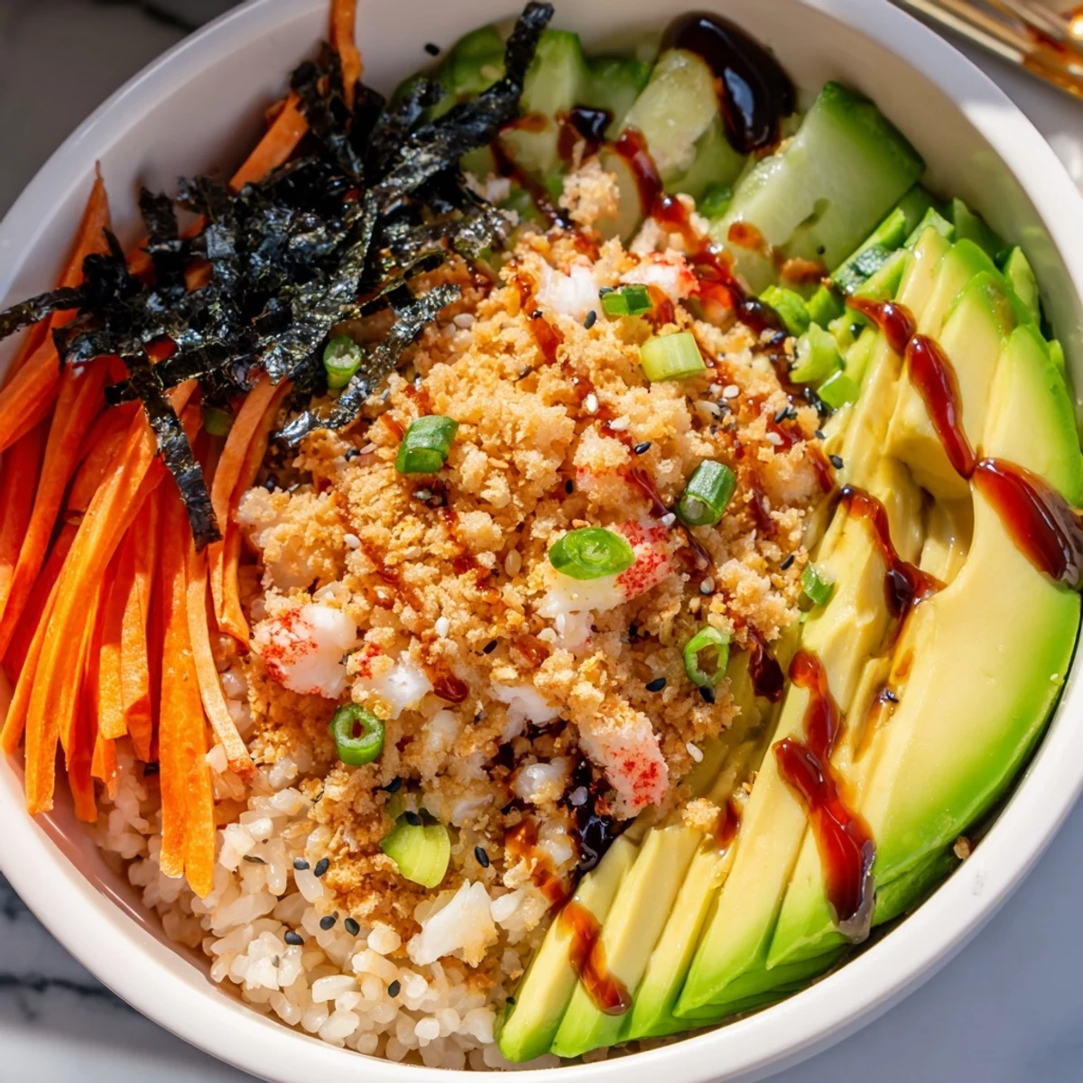 Deconstructed Crunch Roll Sushi Bowl features creamy avocado and savory seafood atop seasoned rice.  