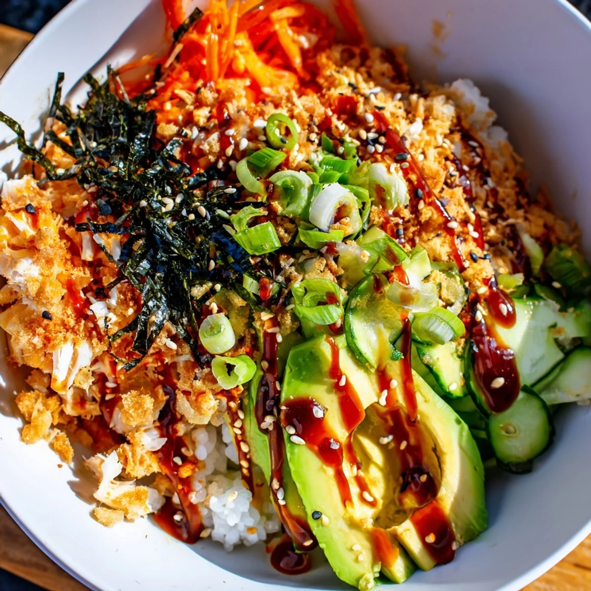 Flavor-packed Crunch Roll Sushi Bowl adorned with spicy mayo and colorful vegetables.