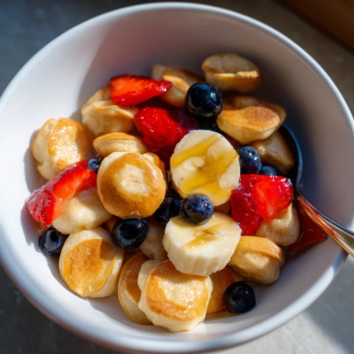 Adorable mini pancake cereal served warm with milk and fresh berries on top.  