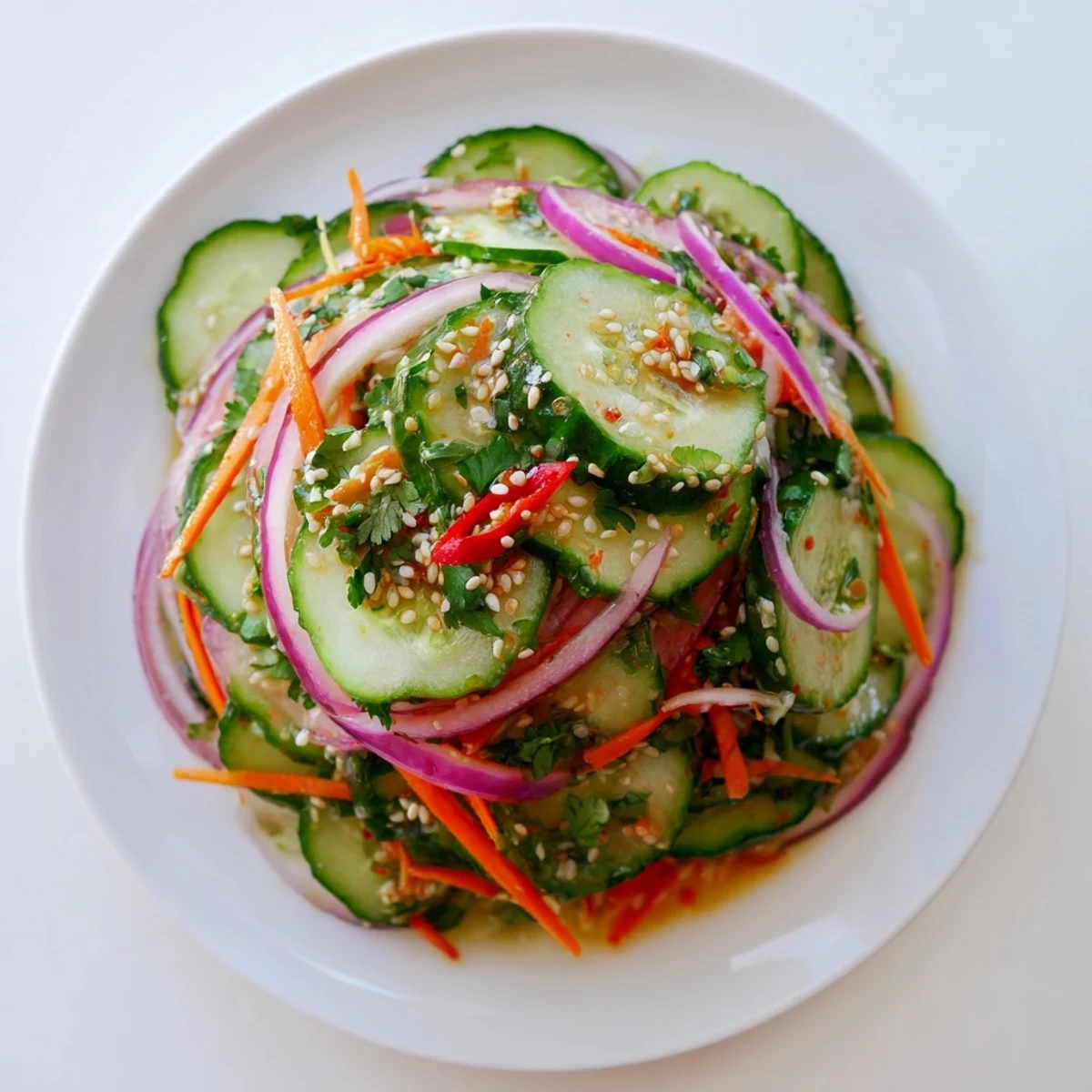 Refreshing cucumber salad remix drizzled with savory sesame oil and tangy fish sauce.  
