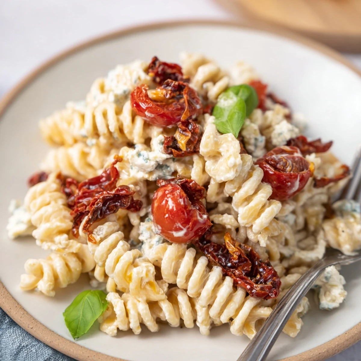 Golden feta topping a hearty pasta with vibrant cherry tomatoes and fresh basil.  