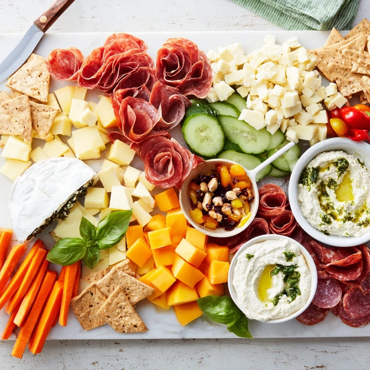 Indulge in a delicious Girl Dinner Platter filled with meats, cheeses, and crunchy snacks.  